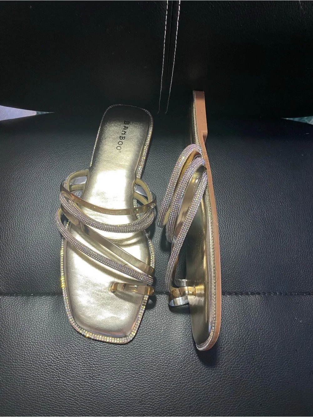 Bamboo Gold Metallic Strappy Slide Sandals with Rhinestones Size 9